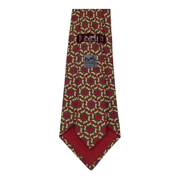HERMES PARIS Vintage 7420 HA Red Yellow Belt Print Silk Tie France W: 3.5" EX CD - Picture 5 of 7